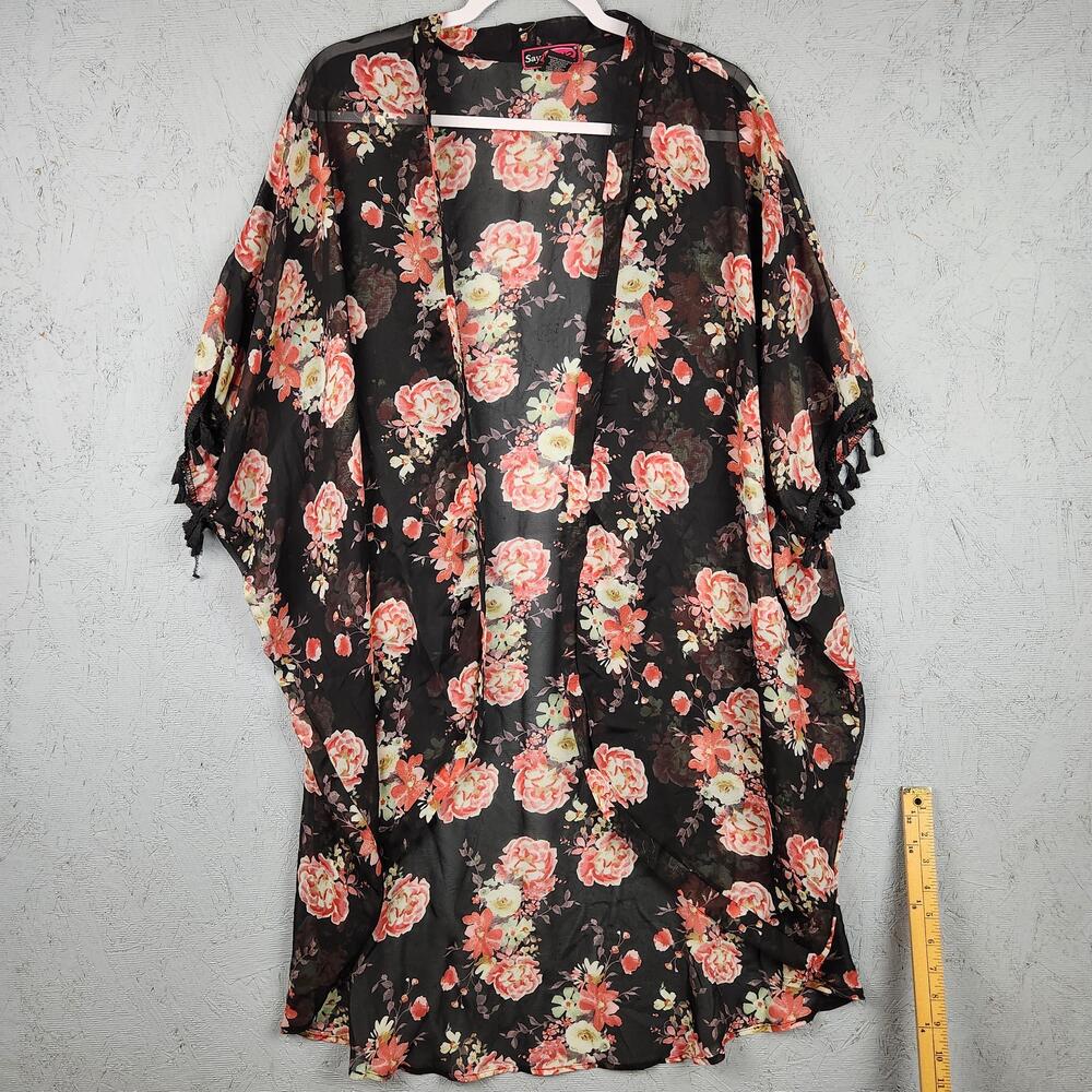 Say What Kimono Cardigan Womens One Size Black Floral Sheer Tassel Cover Up Y2k